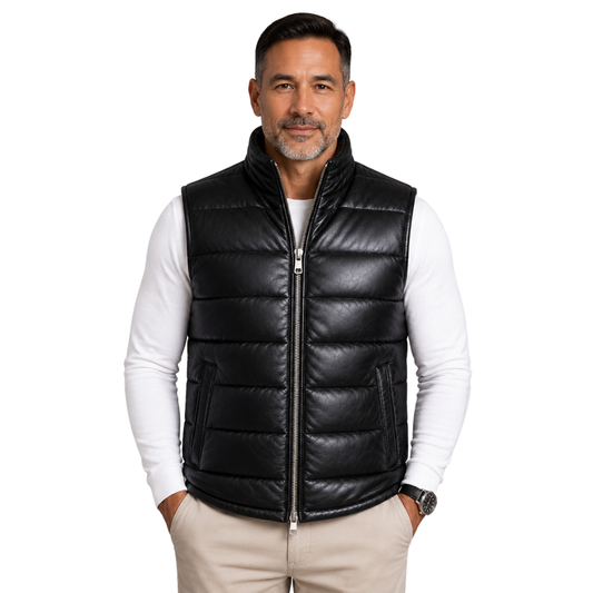 Men's black leather puffer vest front view