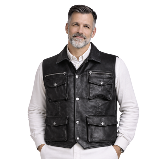 mens black safari leather vest for riding style