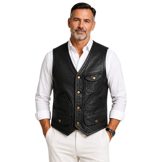 Men’s black leather utility vest front view
