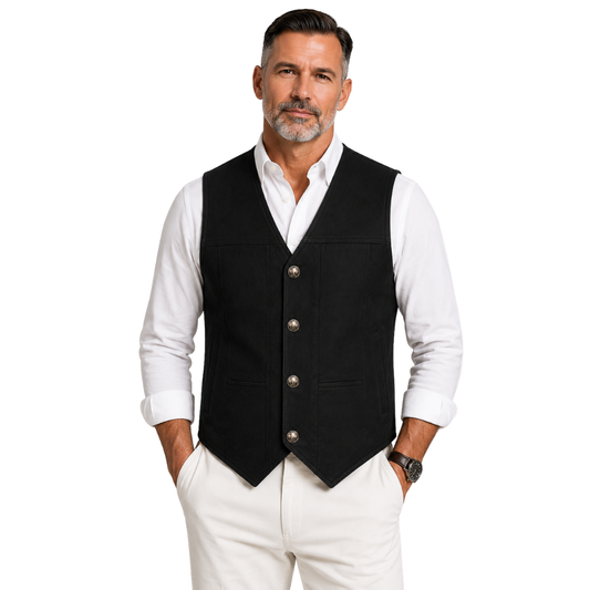 Men’s black leather vest front view