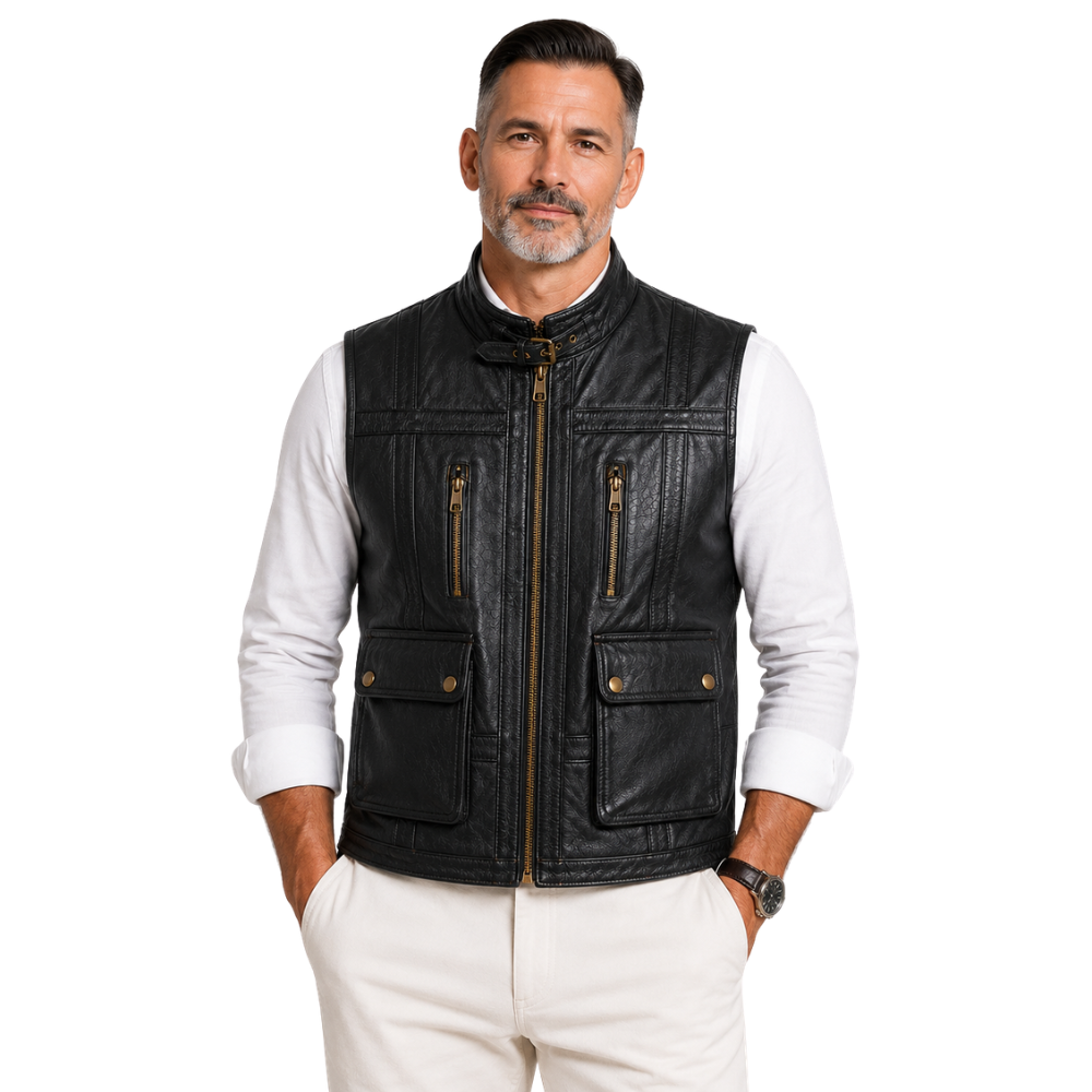 Men’s black sheepskin leather motorcycle vest front view