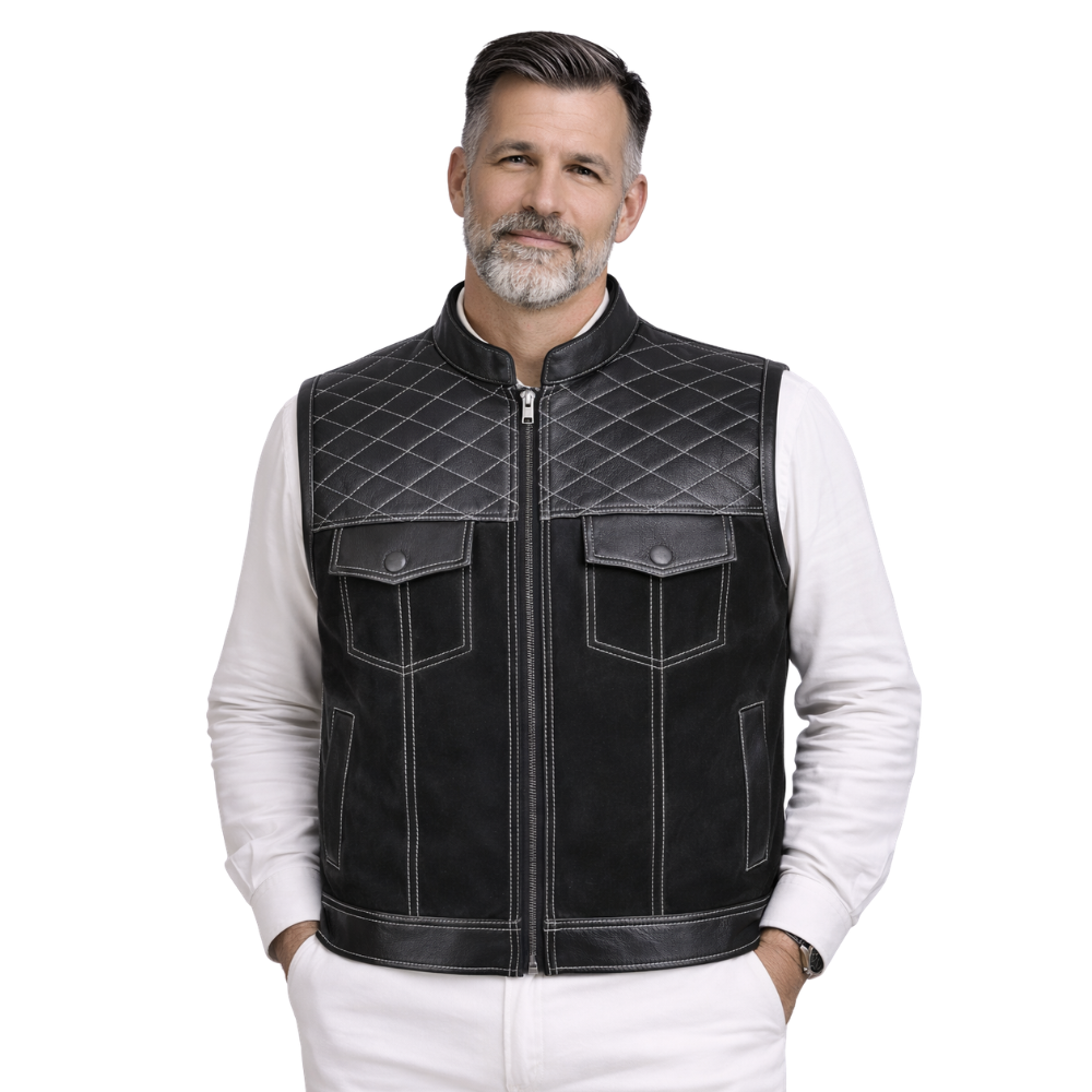 mens black suede biker leather vest riding