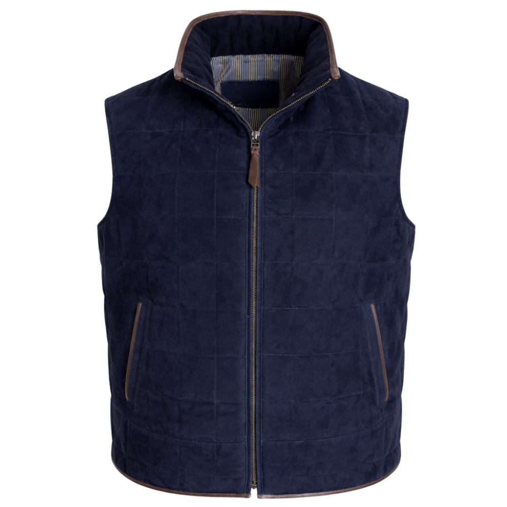 premium blue suede leather riding vest quilted design