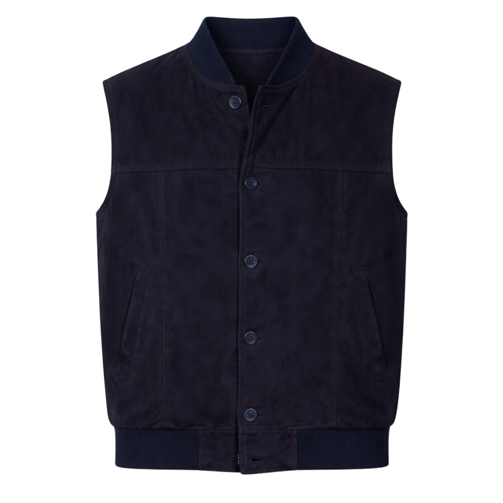 premium mens blue suede leather gilet vest bomber style