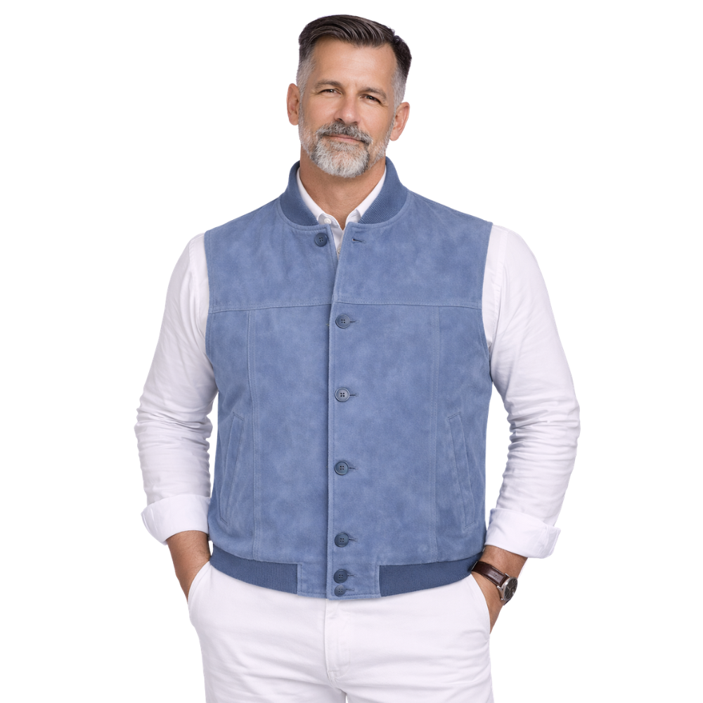 mens blue suede leather vest
