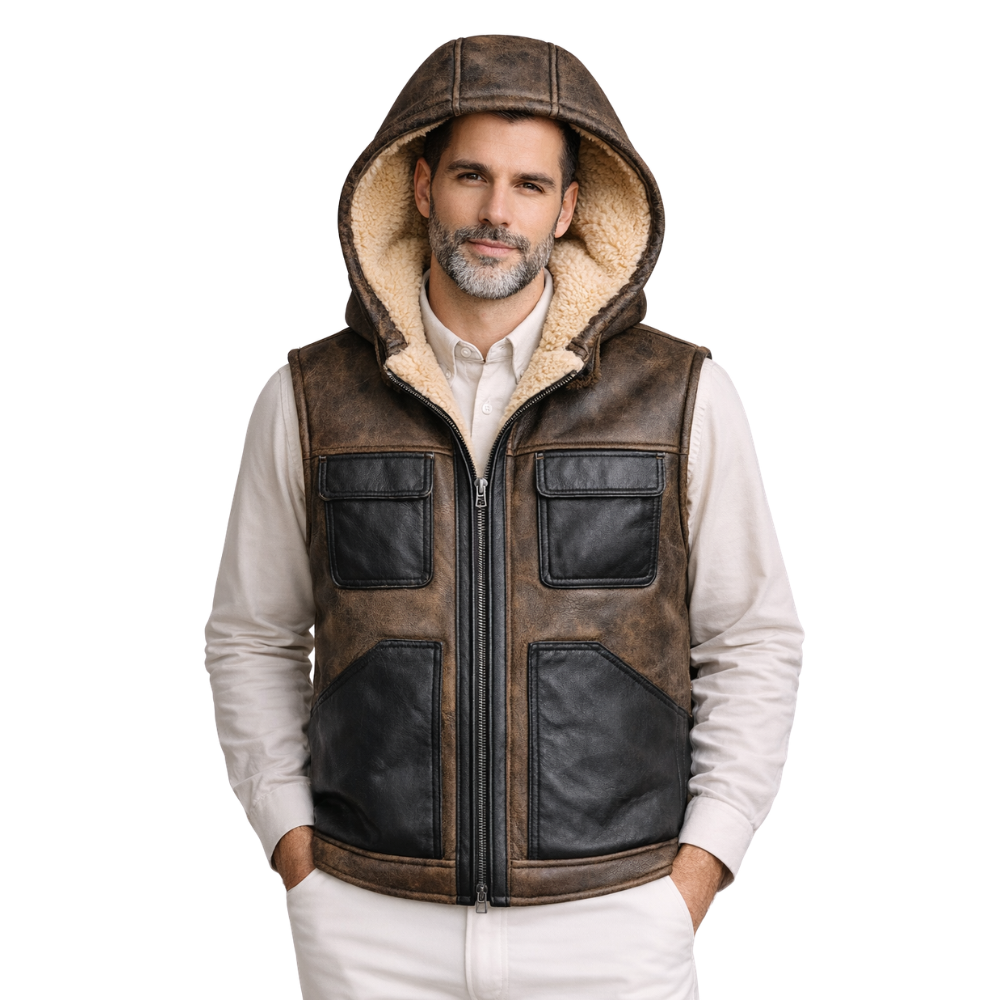 mens brown hooded shearling leather vest