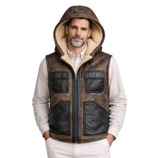 mens brown hooded shearling leather vest