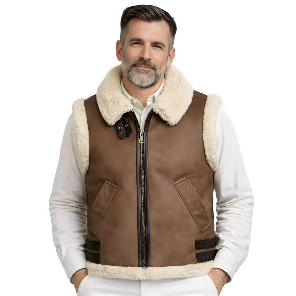 mens brown leather biker vest with shearling collar winter outerwear
