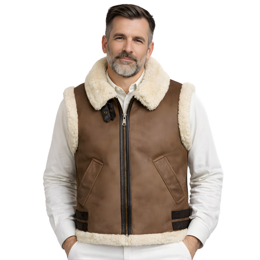 mens brown leather biker vest with shearling collar winter outerwear

