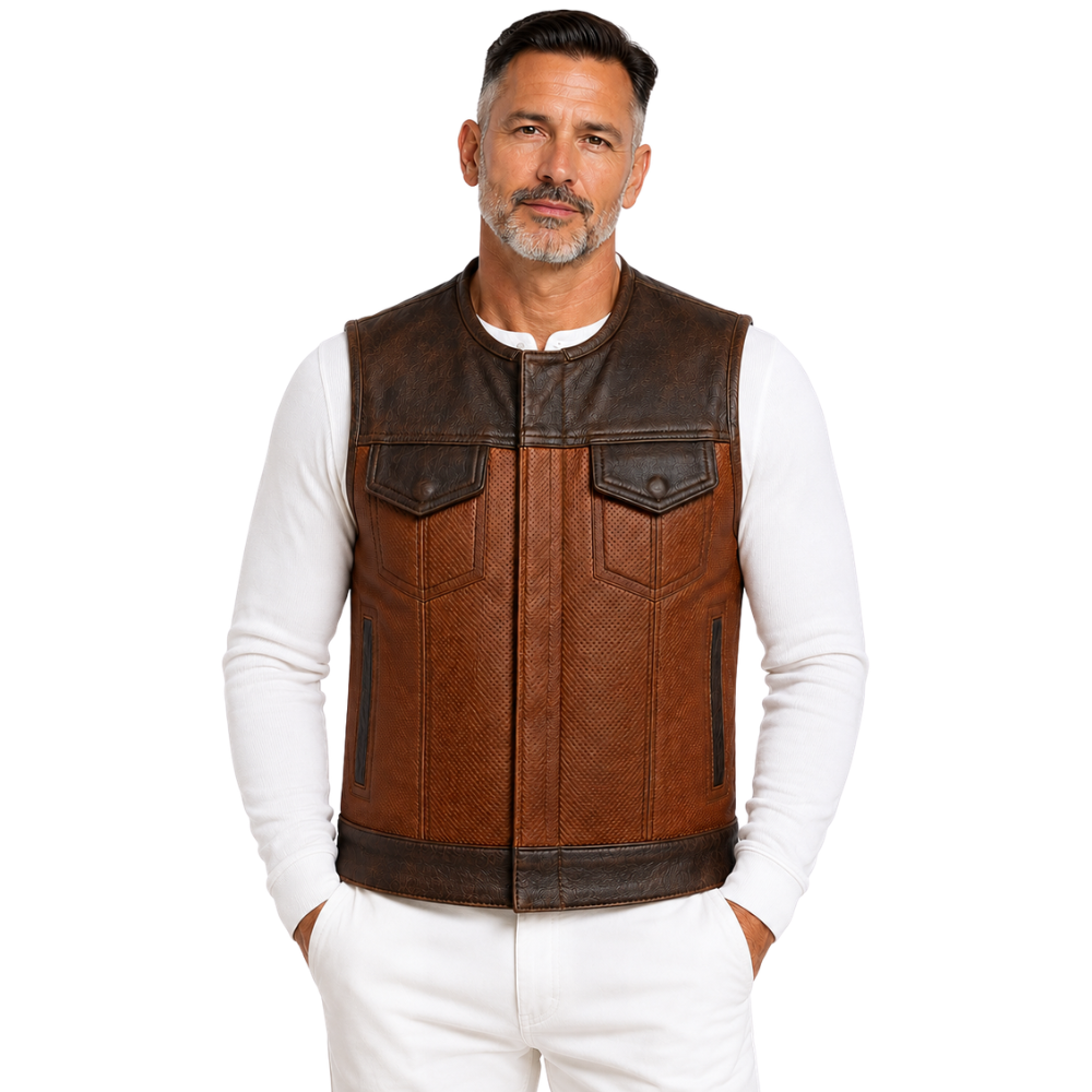 Men’s vintage brown leather motorcycle vest front view