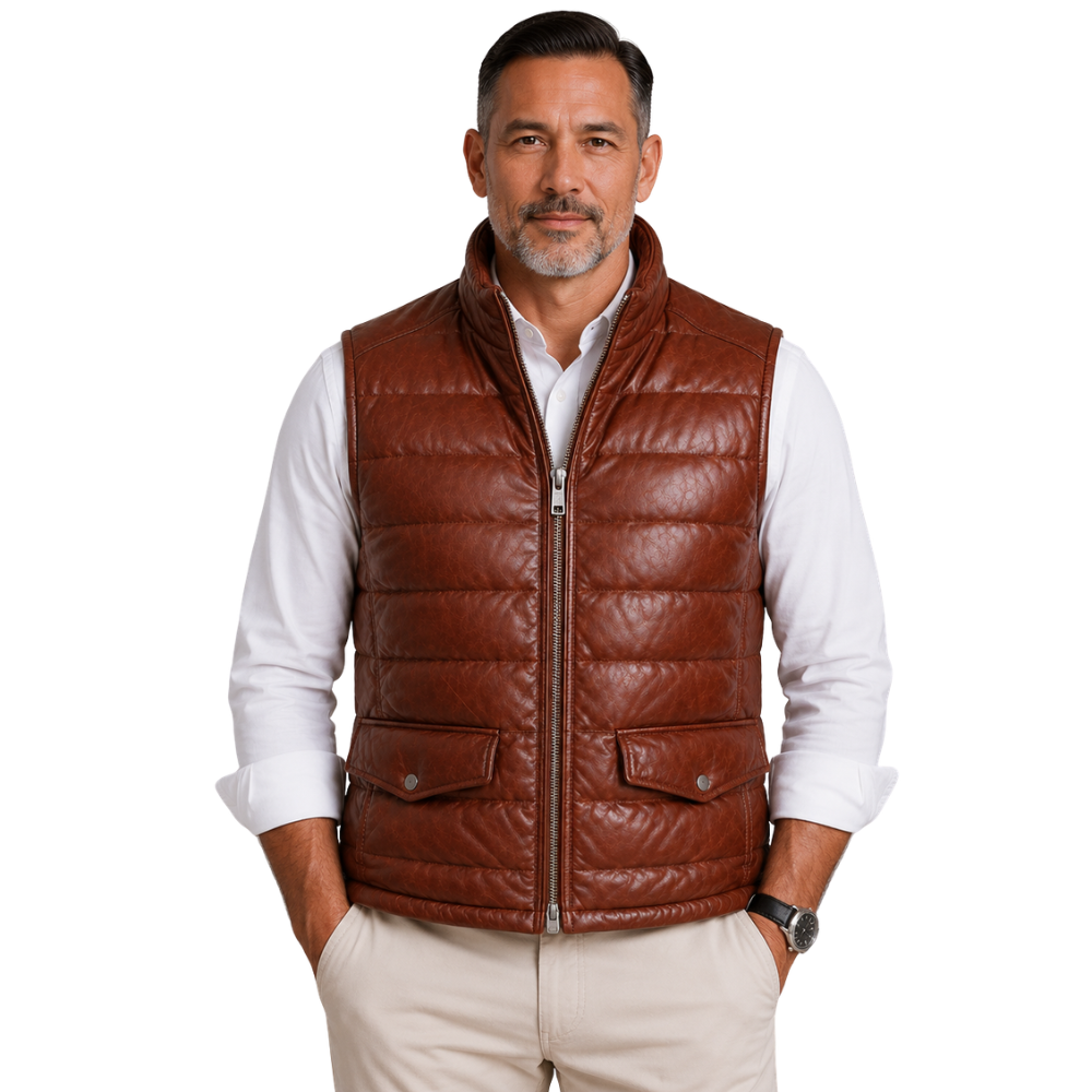 Men’s brown leather puffer vest front view