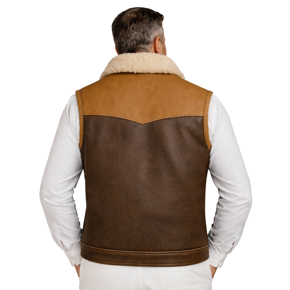 mens brown leather biker vest with premium shearling collar warm winter outerwear