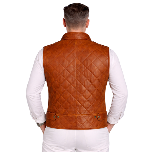 mens brown quilted leather biker vest motorcycle style