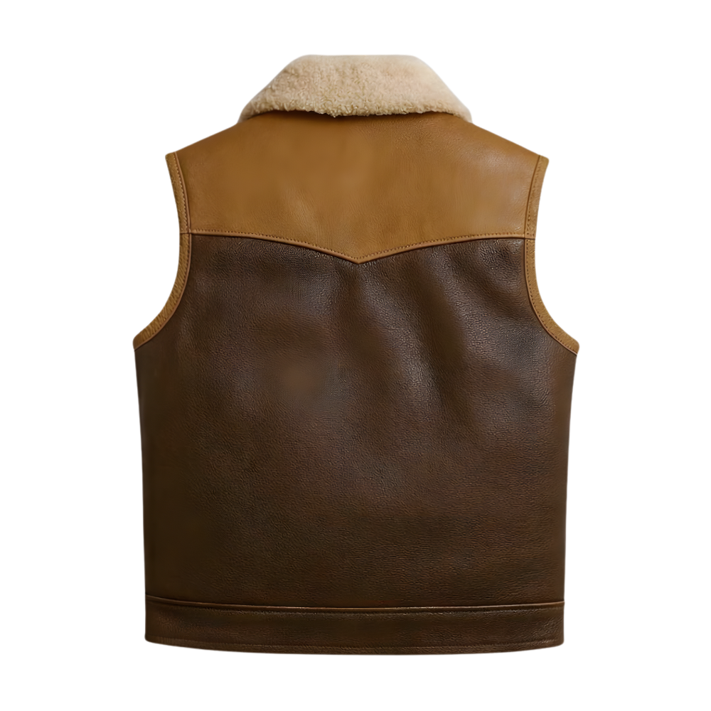 mens brown leather biker vest with soft shearling lining classic rugged winter look