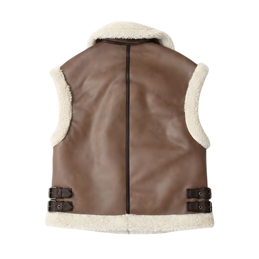 mens brown leather biker vest with warm shearling collar classic winter look