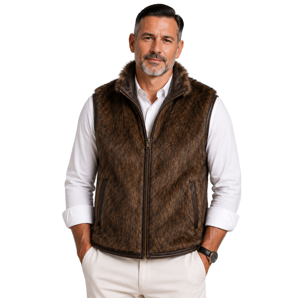 Men’s brown shearling fur leather vest front view