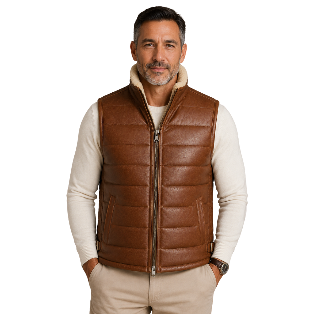 Men's brown sheepskin leather puffer vest front view