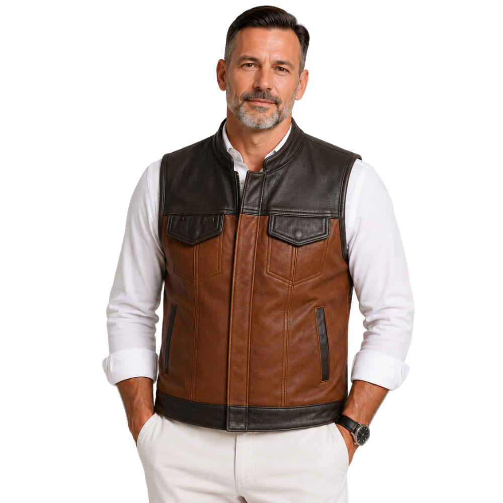 Men’s brown sheepskin leather vest front view