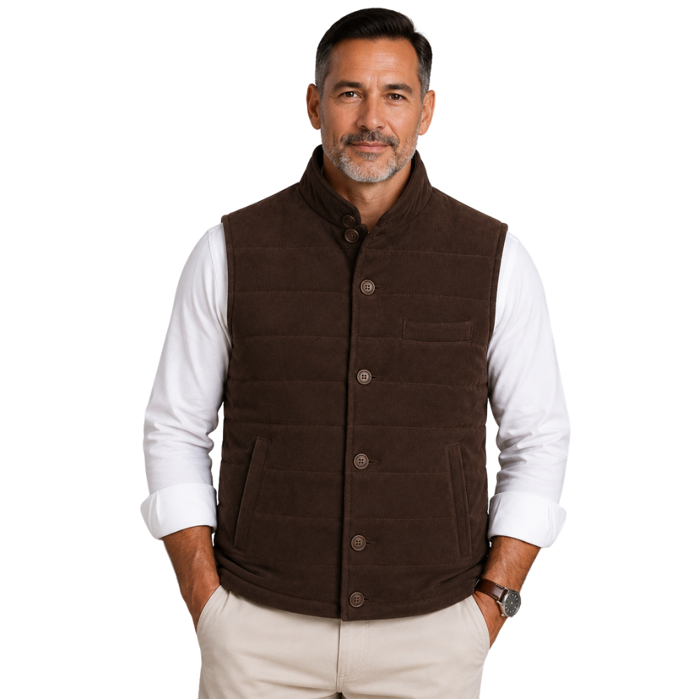 Men's brown suede leather vest front view