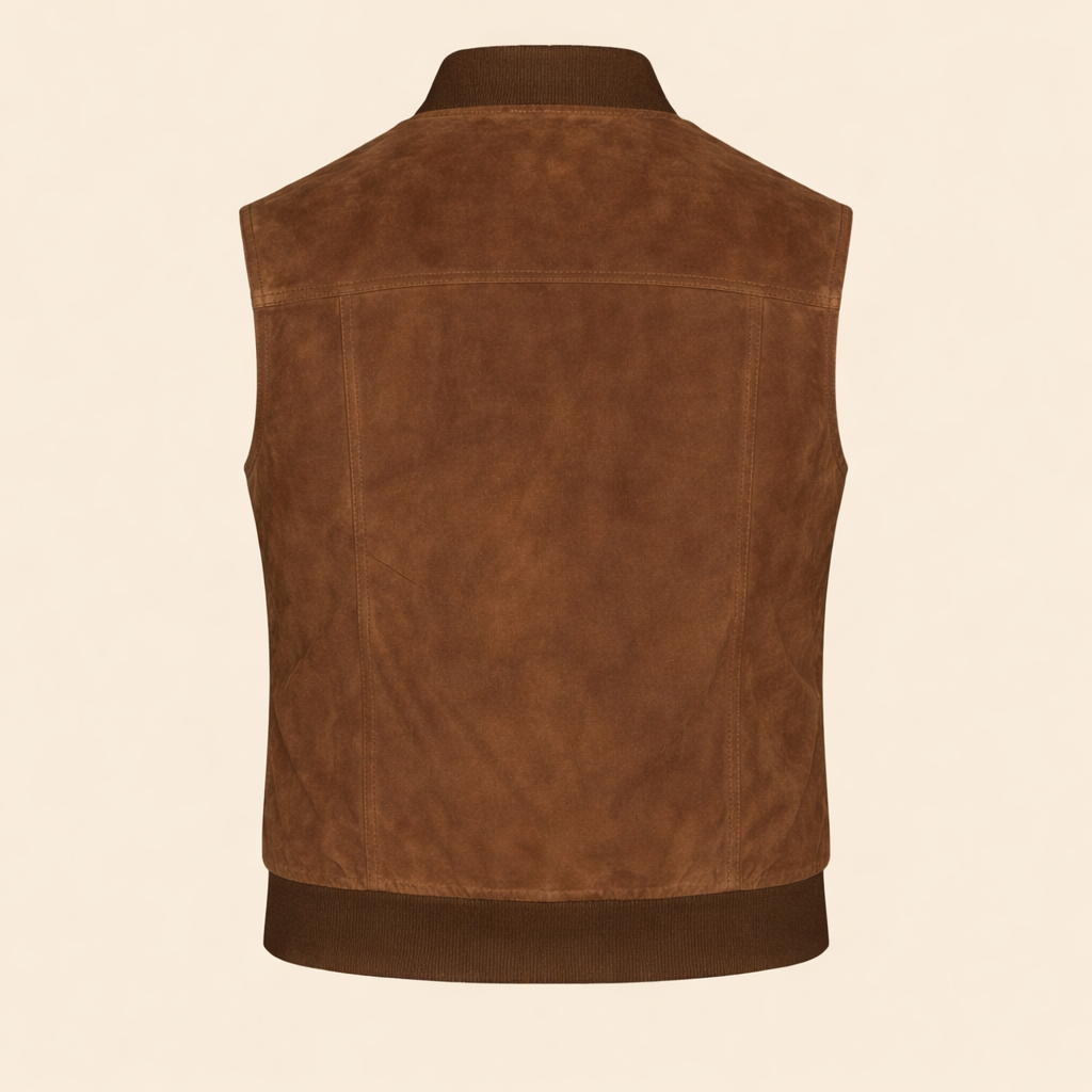 Mens brown suede vest with elastic collar