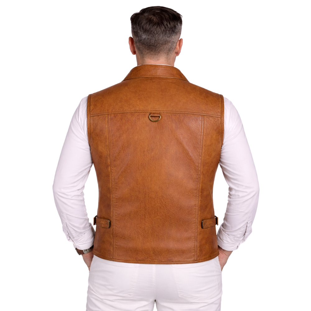 mens brown leather utility vest with multiple pockets