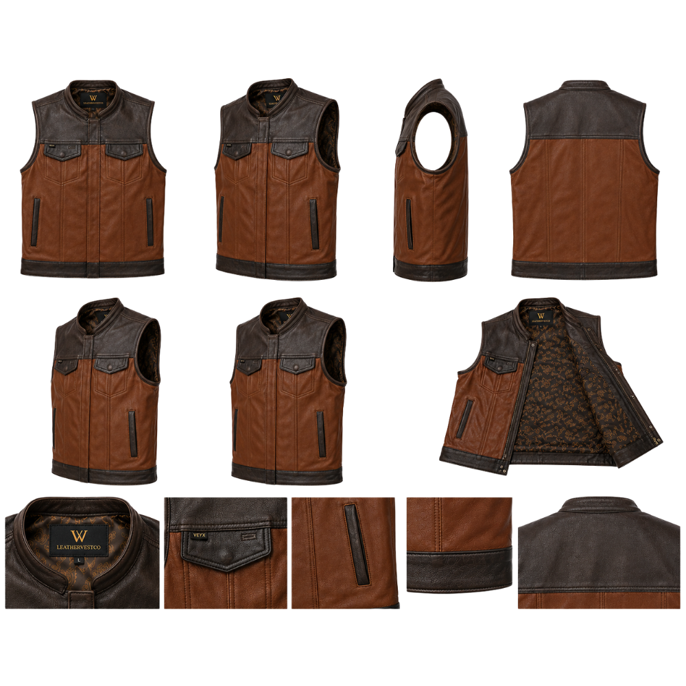 Men’s classic biker vest with contrast leather panels