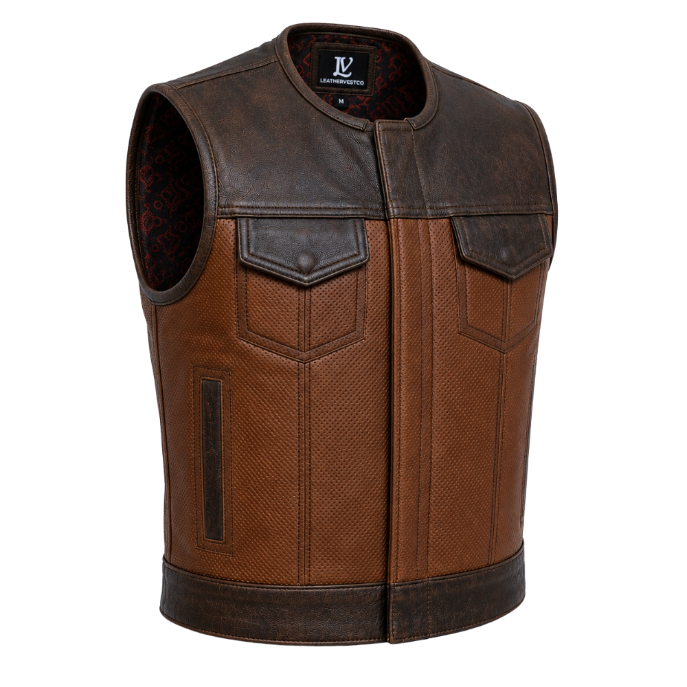 Textured leather biker vest in brown color