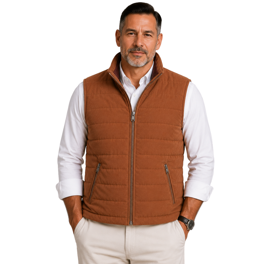 Men’s cognac suede puffer vest front view
