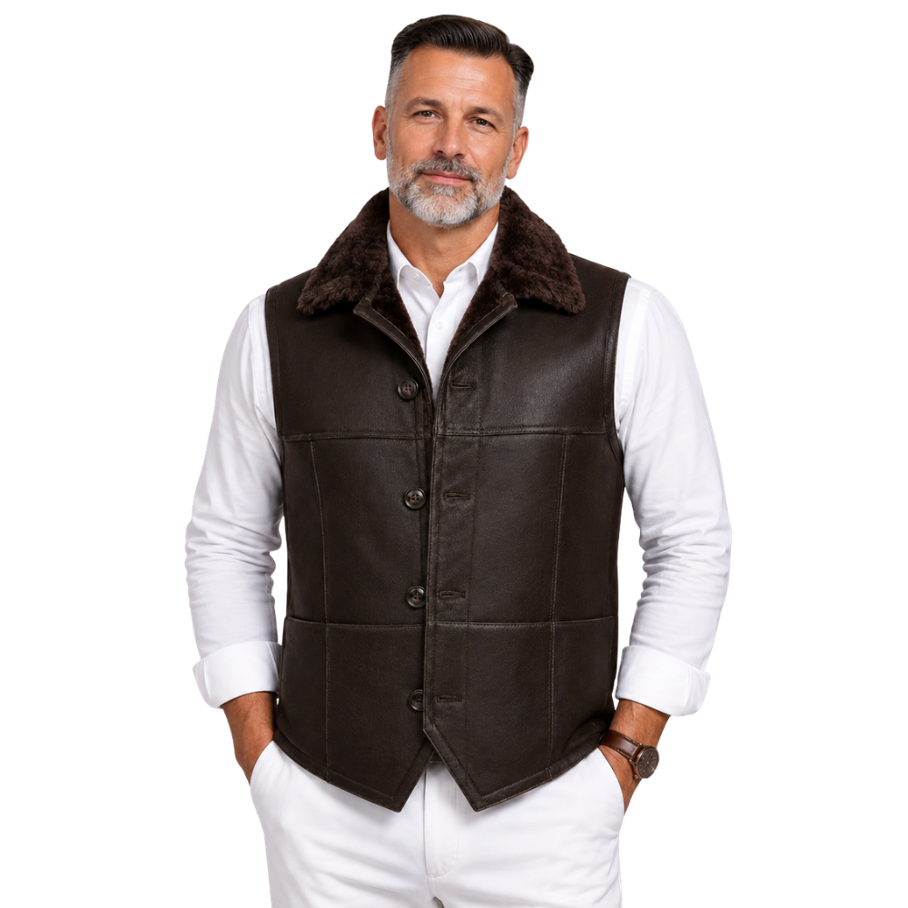 Men’s dark brown shearling sheepskin leather vest front view