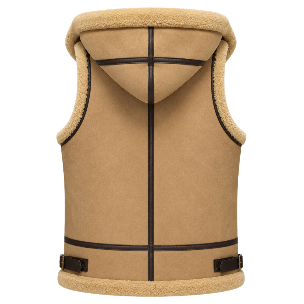 Hooded shearling leather vest with soft fur lining
