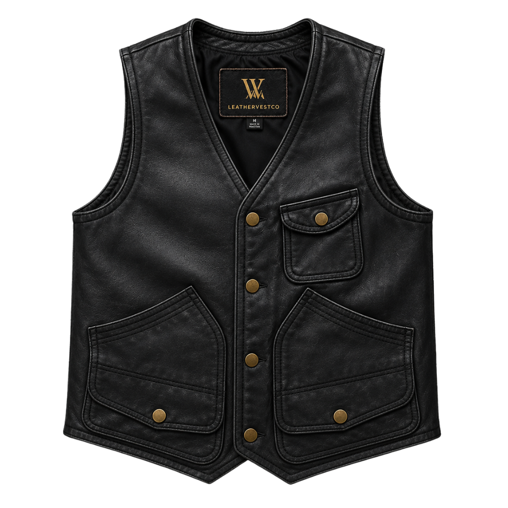 Sleeveless black utility leather vest design