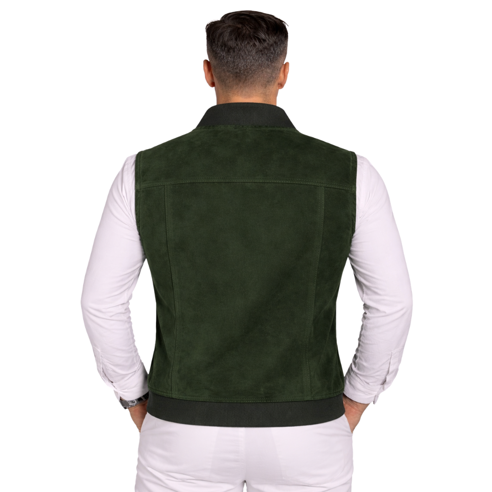 premium mens green suede leather vest bomber style