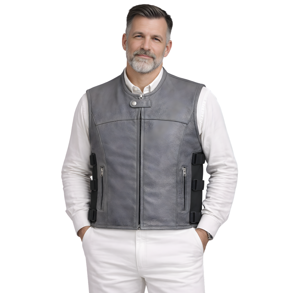 mens grey biker leather vest warrior style