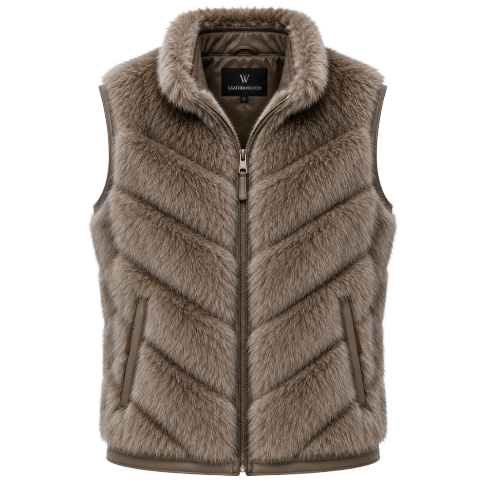 Men’s grey shearling fur leather vest front view