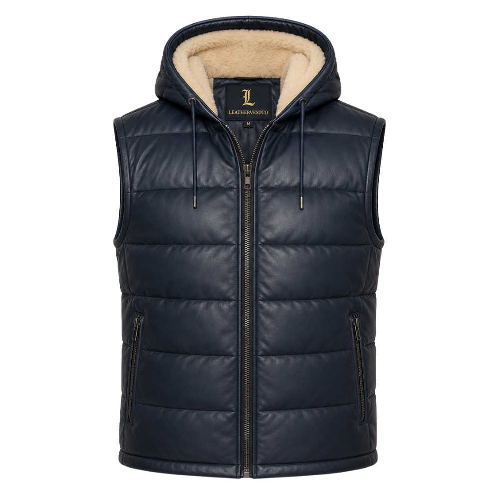 Quilted hooded leather vest for men