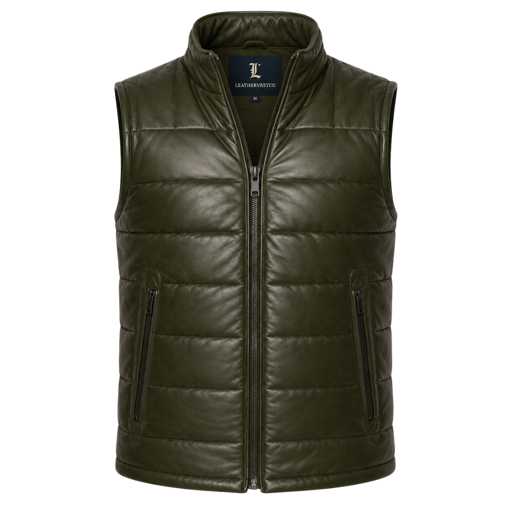 Men's zip-up leather puffer vest with stand collar