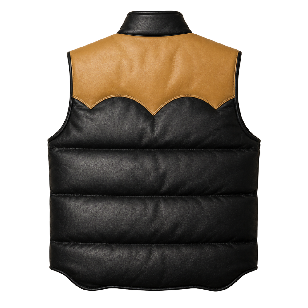 Black and tan leather puffer vest with fur collar