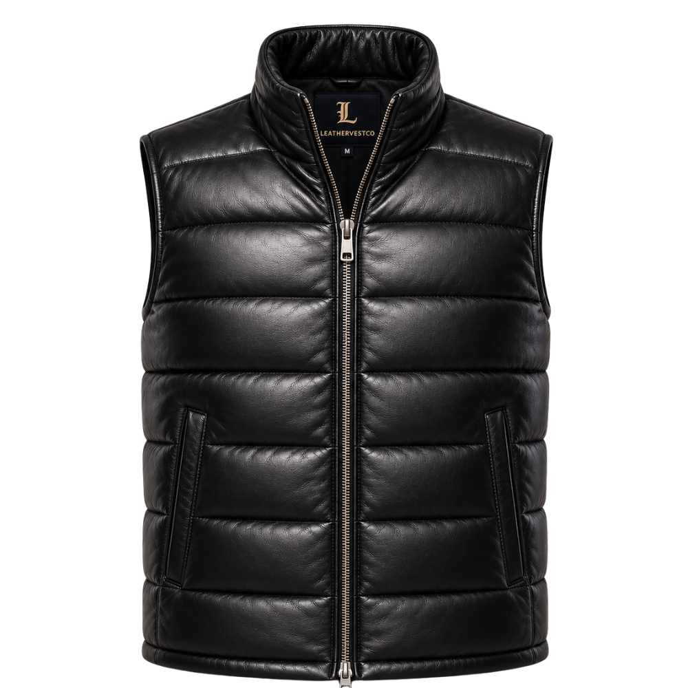 Premium black leather zip-up vest