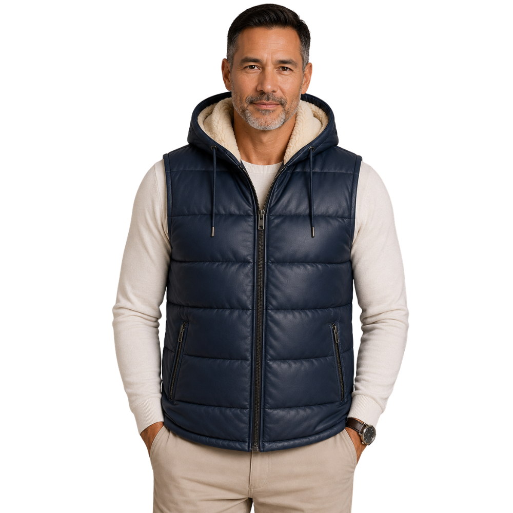 Men's navy hooded leather puffer vest front view