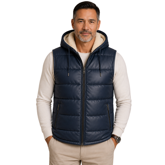 Men's navy hooded leather puffer vest front view