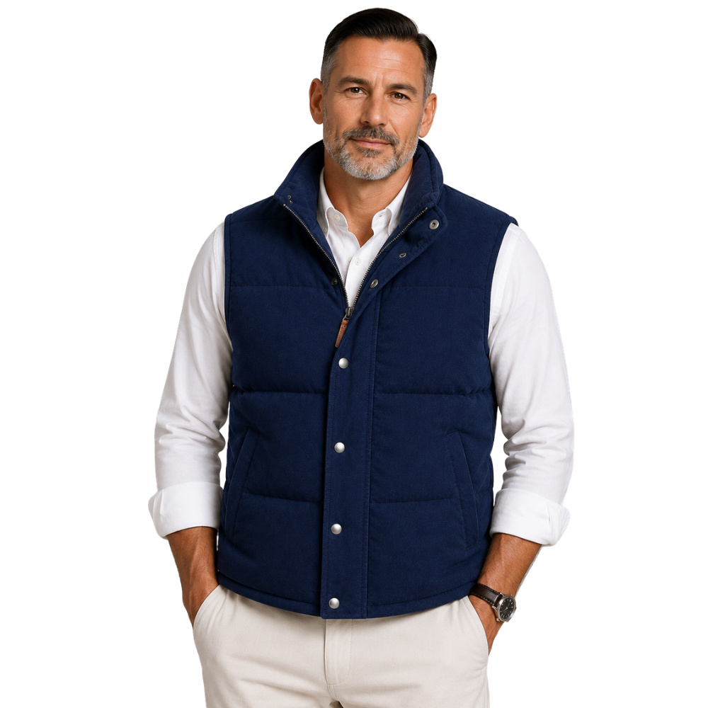 Men’s navy suede puffer vest front view