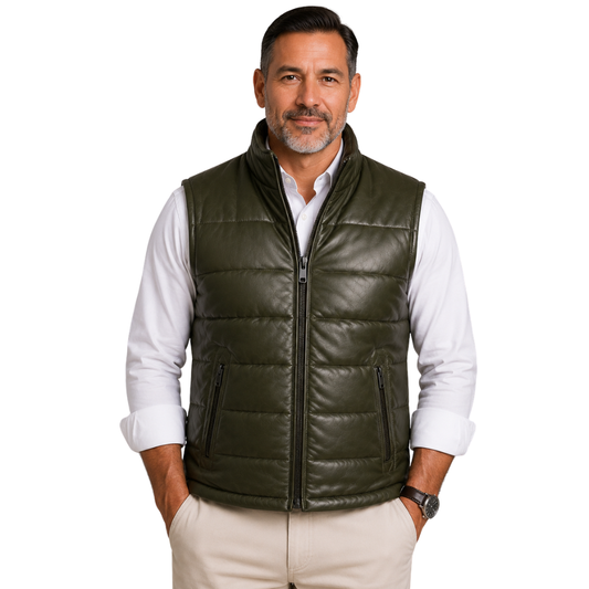 Men's olive green leather puffer vest front view