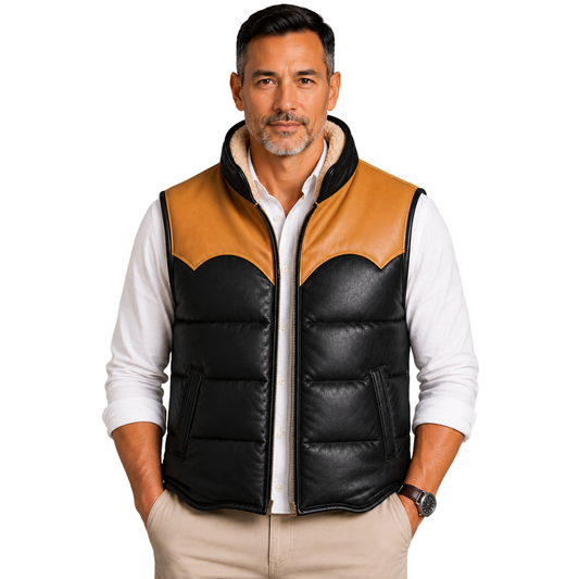 Men's puffer vest with fur collar in black and tan leather