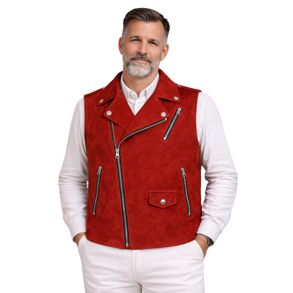 mens red suede biker vest for riding style