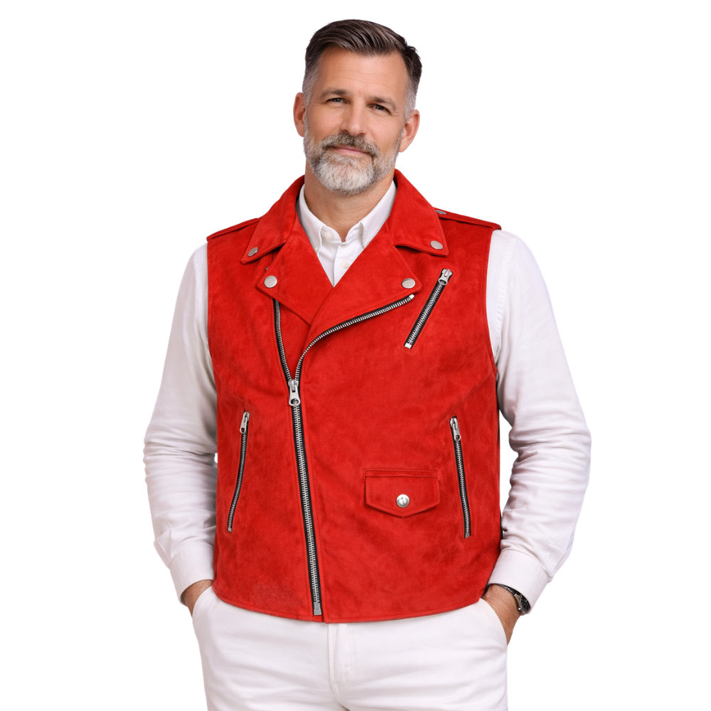 mens red suede motorcycle biker leather vest