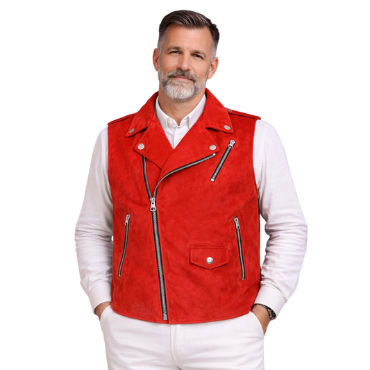 mens red suede motorcycle biker leather vest