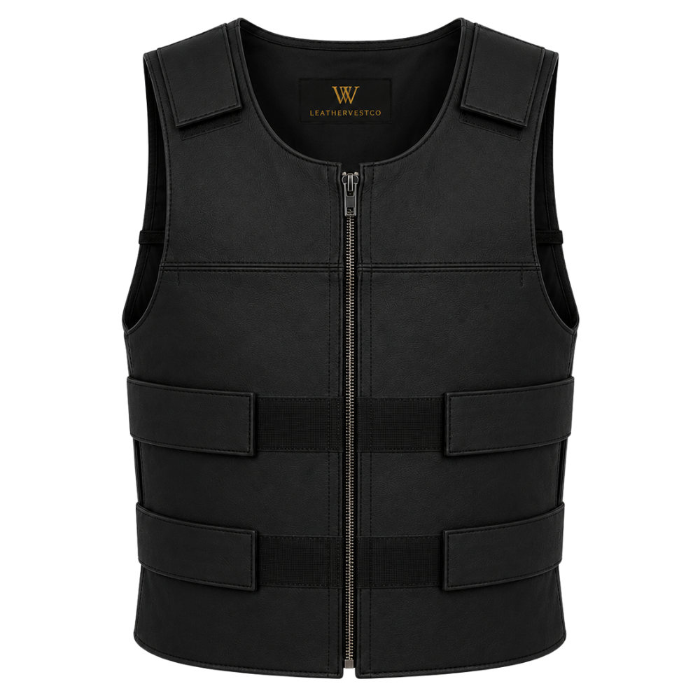 Black sleeveless biker vest with zipper closure