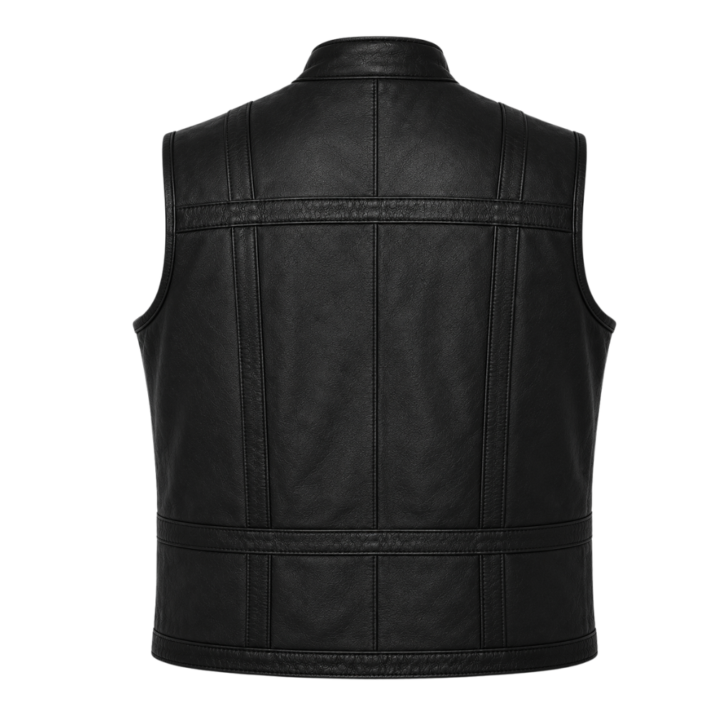 Men’s motorcycle leather vest with stand collar