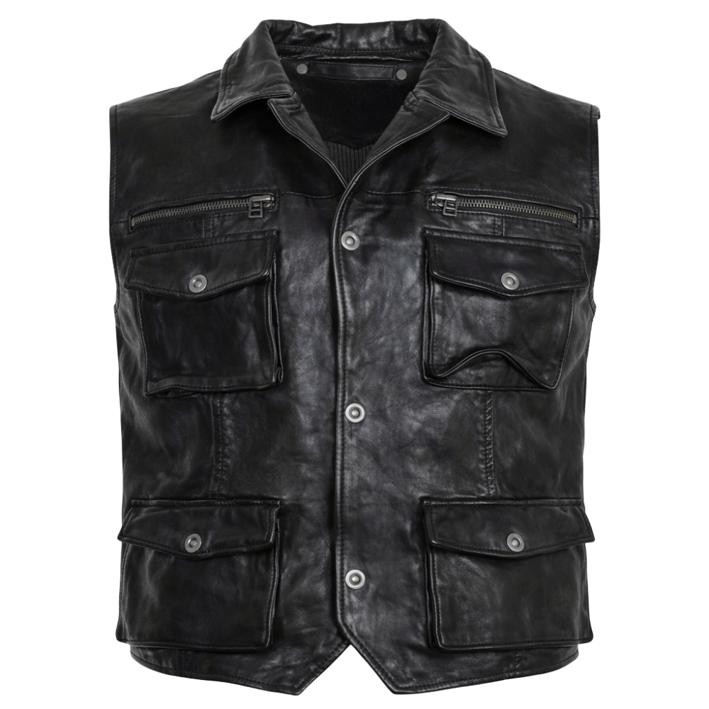 premium black safari vest leather for men riding wear