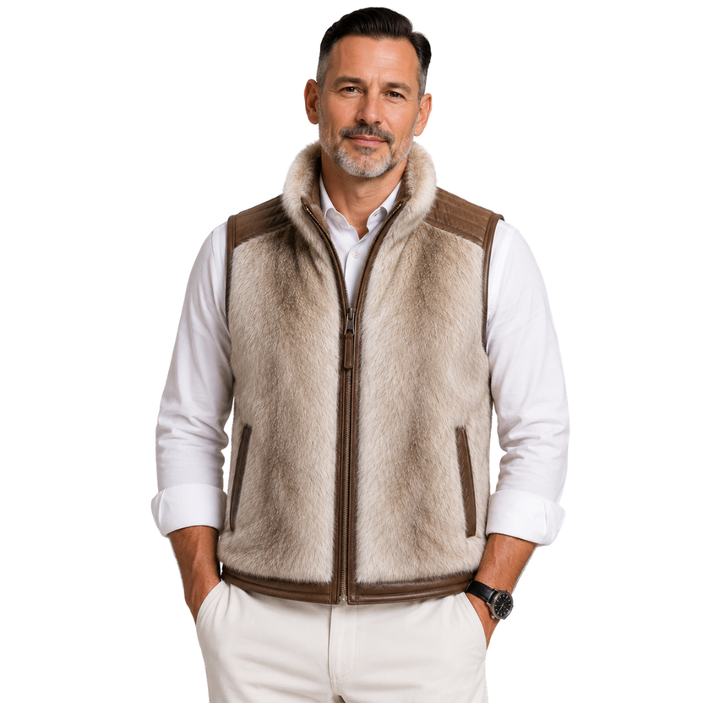 Men’s beige shearling fur leather vest front view